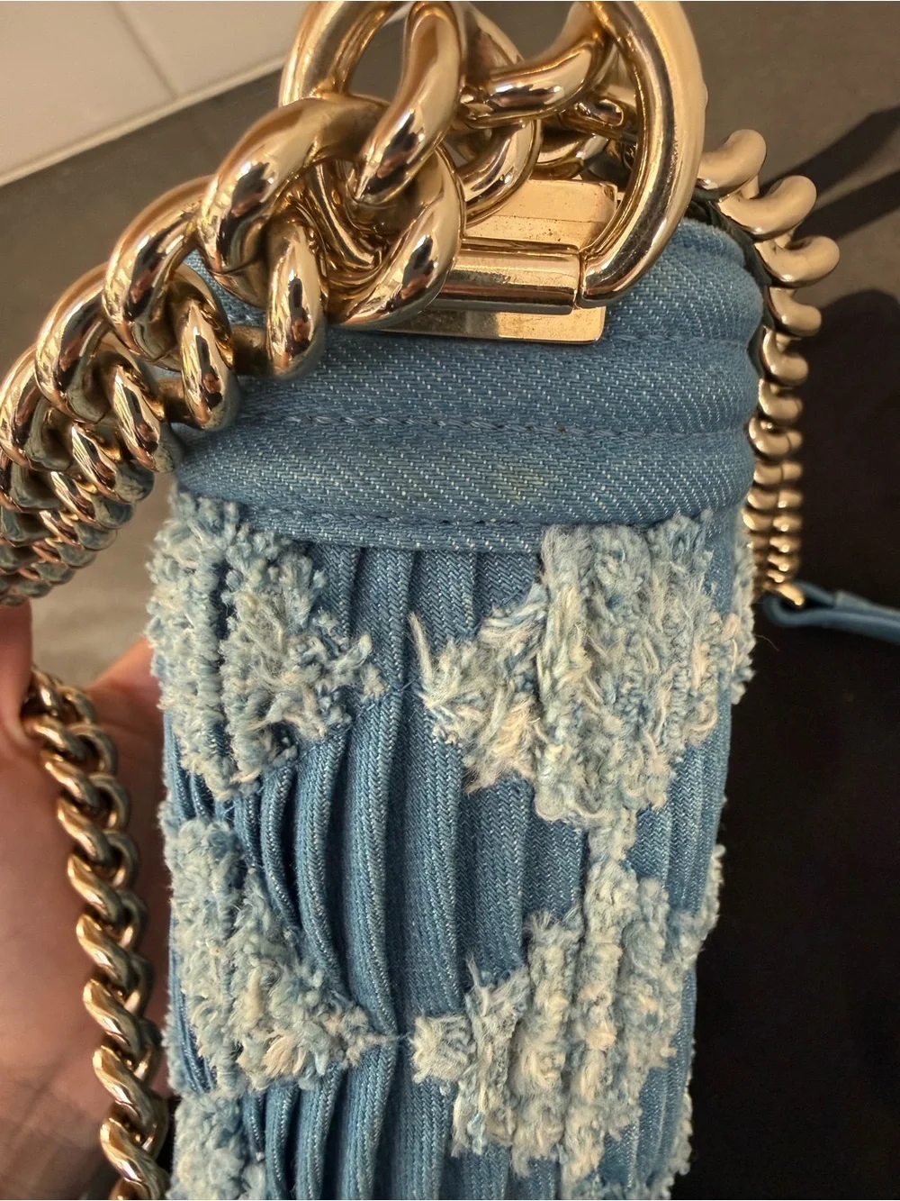 CHANEL Pleated Blue Denim Small Boy Bag with Champagne Gold Hardware